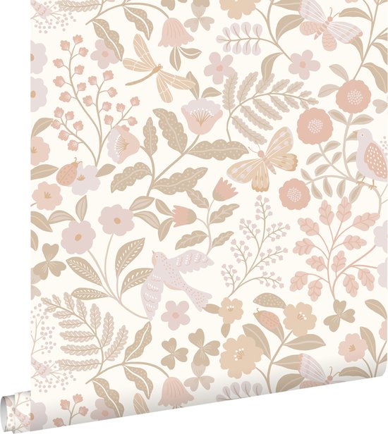 ESTAhome papier peint fleurs et oiseaux blanc, beige et rose tendre - 0,53 x 10,05 m - 139866