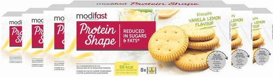 Voordeelverpakking Modifast Protein Shape koekjes met vanille-citroensmaak, 88 kcal per portie.