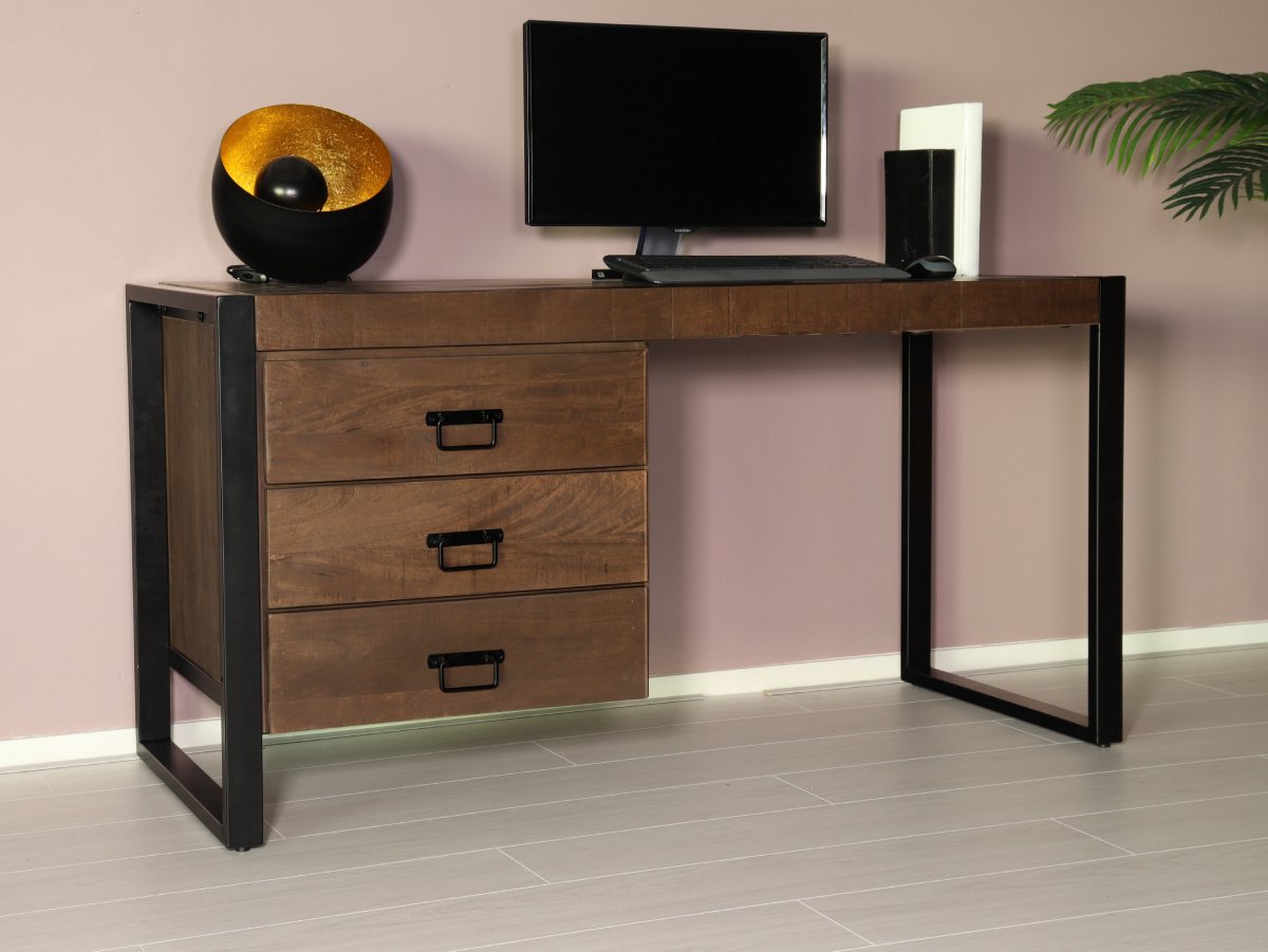 Lizzely Garden & Living Bureau Nicko 145cm walnoot bruin industrieel duurzaam massief mangohout