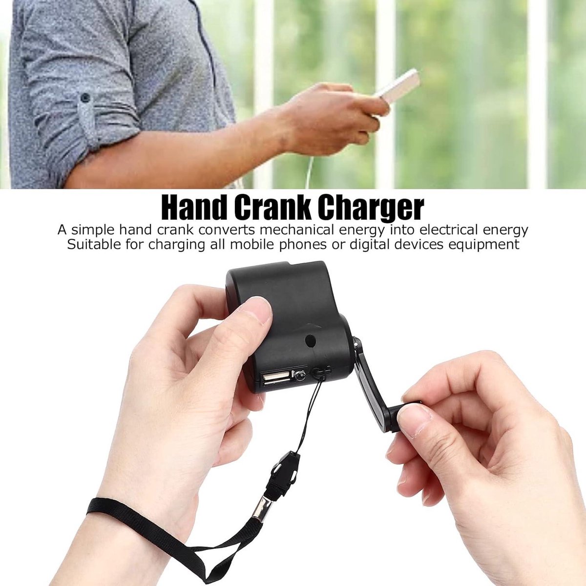 Draagbare USB Hand Crank Telefoon Oplader - Emergency Power Bank voor Outdoor - Wandelen Camping - Zwart . – foto 2