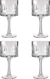 Vier lege kristallen cocktailglazen met ribbel- en ruitpatroon.