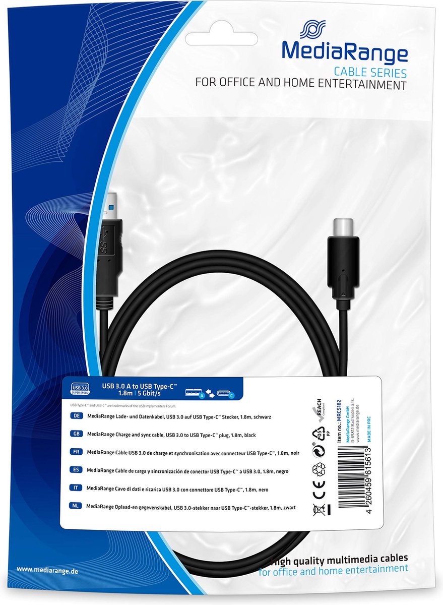 Oplaad- en gegevenskabel, USB 3.0-stekker naar USB Type-C-stekker, 1.8m
