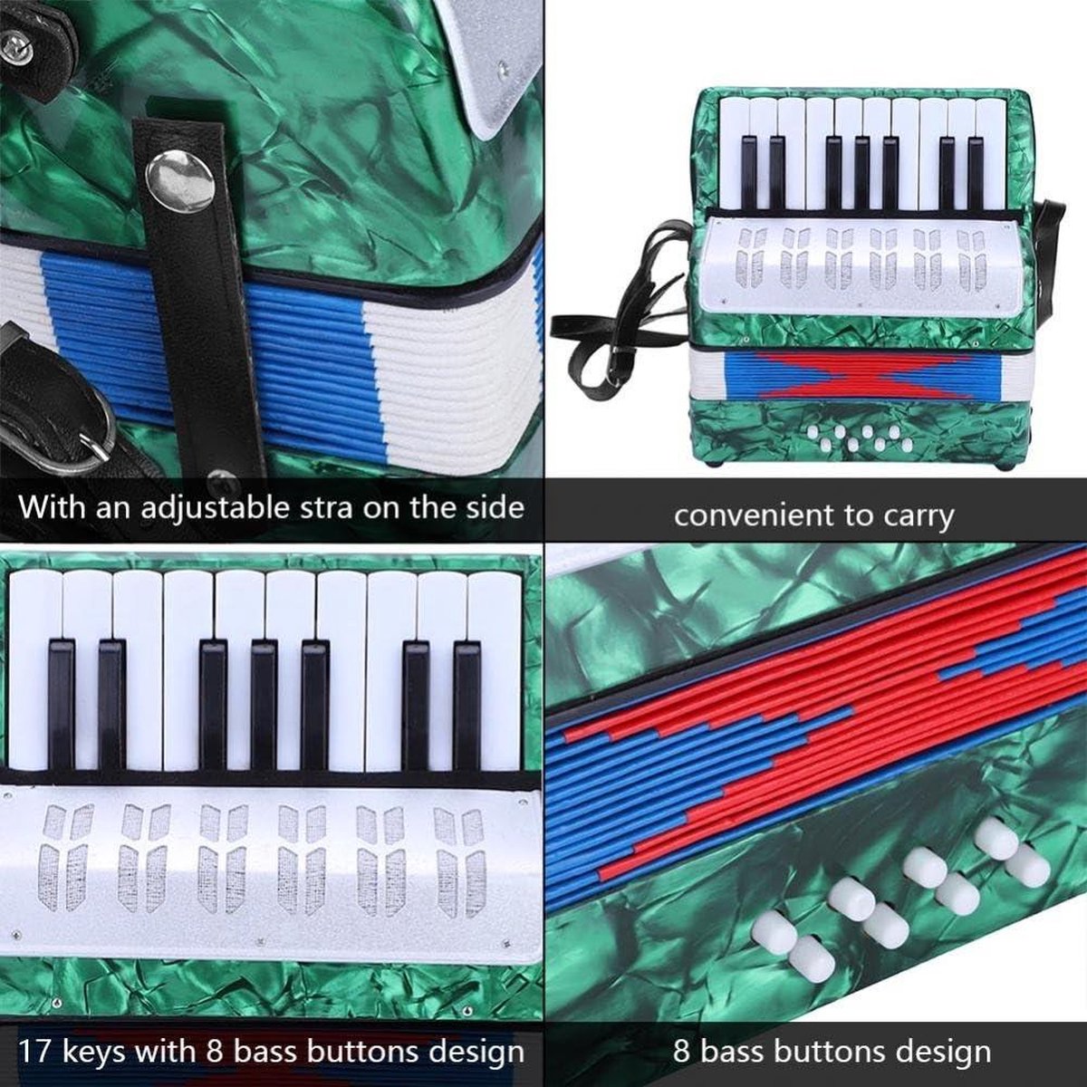 Accordeon, 22 toetsen, 8 basaccordeons met bandjes voor beginners, educatieve accordeon, muziekinstrumentcadeau, accordeoninstrument voor volwassenen vervaardigd afmetingen: 31 x 30 x 14 cm, gewicht