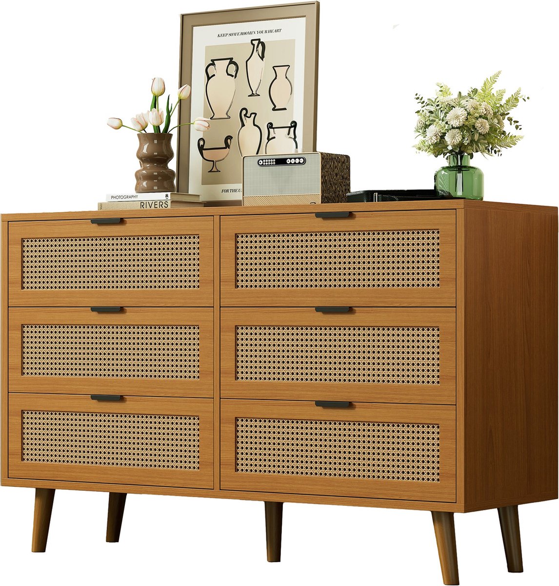 Merax Ladekast met 6 Lades – Walnoot Bruin Dressoir met Metalen Handgrepen – 120x76,5x40 cm