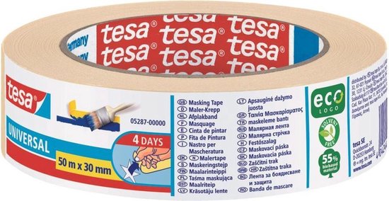 Un rouleau de ruban de masquage Tesa Universal (50m x 30mm) avec l'inscription '4 DAYS'. Comprend le logo Eco.