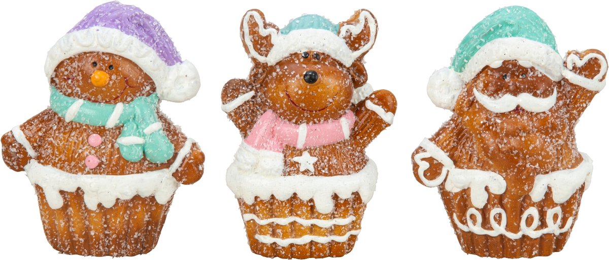 Kersthuisjebestellen - Set van 3 stuks - Muffins Kerstfiguren - Kerstbeeldjes - Sneeuwman , Rendier , Kerstman - H=9cm B=7cm