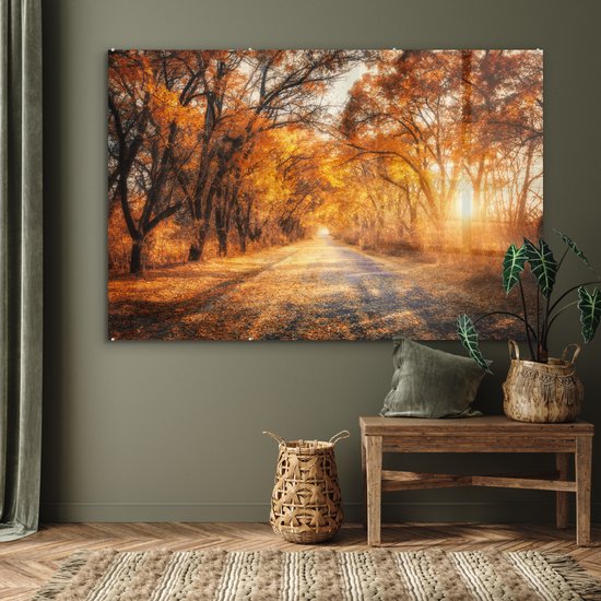 MuchoWow® Peinture sur verre 150x100 cm - Peinture sur verre acrylique - Forêt - Automne - Arbres - Chemin forestier - Nature - Photo sur verre - Décoration murale salon - Décoration murale chambre - Peintures