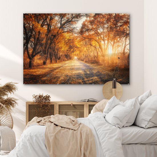 MuchoWow® Peinture sur verre 150x100 cm - Peinture sur verre acrylique - Forêt - Automne - Arbres - Chemin forestier - Nature - Photo sur verre - Décoration murale salon - Décoration murale chambre - Peintures