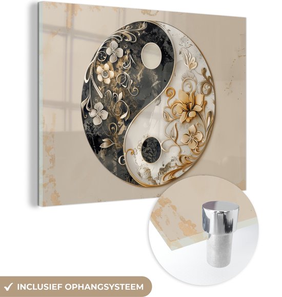 MuchoWow® Tableau sur verre 160x120 cm - Tableau sur verre acrylique - Yin Yang - Fleurs - Zwart - Wit - Vintage - Photo sur verre - Décoration murale salon - Décoration murale chambre - Peintures