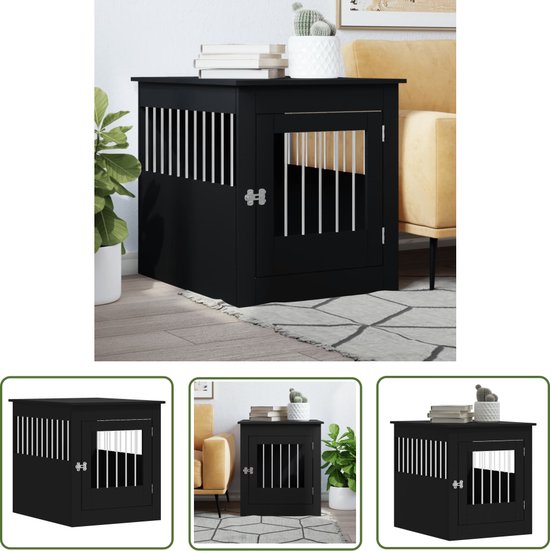 The Living Store Hondenbench 64,5x80x71 cm bewerkt hout zwart - Hondenbench - Hondenhok - Bijzettafel - Honden Meubilair - Houten Hondenbench