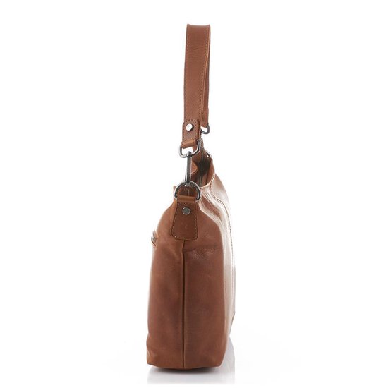 Zijaanzicht van een cognac leren schoudertas.
