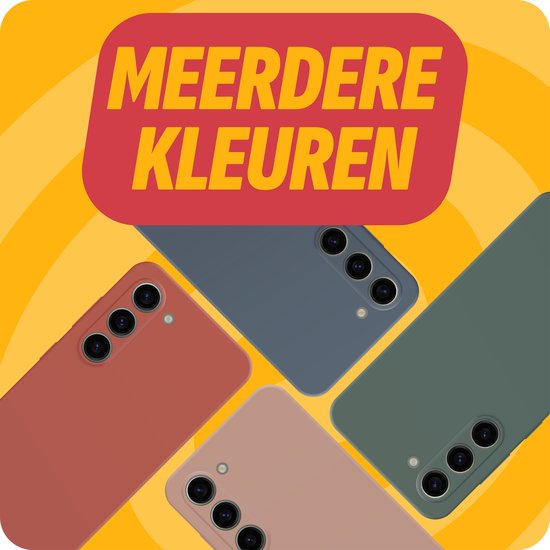 Vier telefoonhoesjes in verschillende kleuren: roze, koraal, grijsblauw en groen. Met de tekst "MEERDERE KLEUREN".