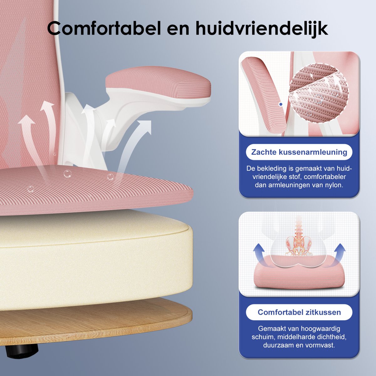 Hiaonyx bureaustoel-ergonomische bureaustoel-bureaustoelen voor volwassenenOpklapbare armleuningen-2D lendensteun-Maximale kanteling 135°-Roze thumbnail 5