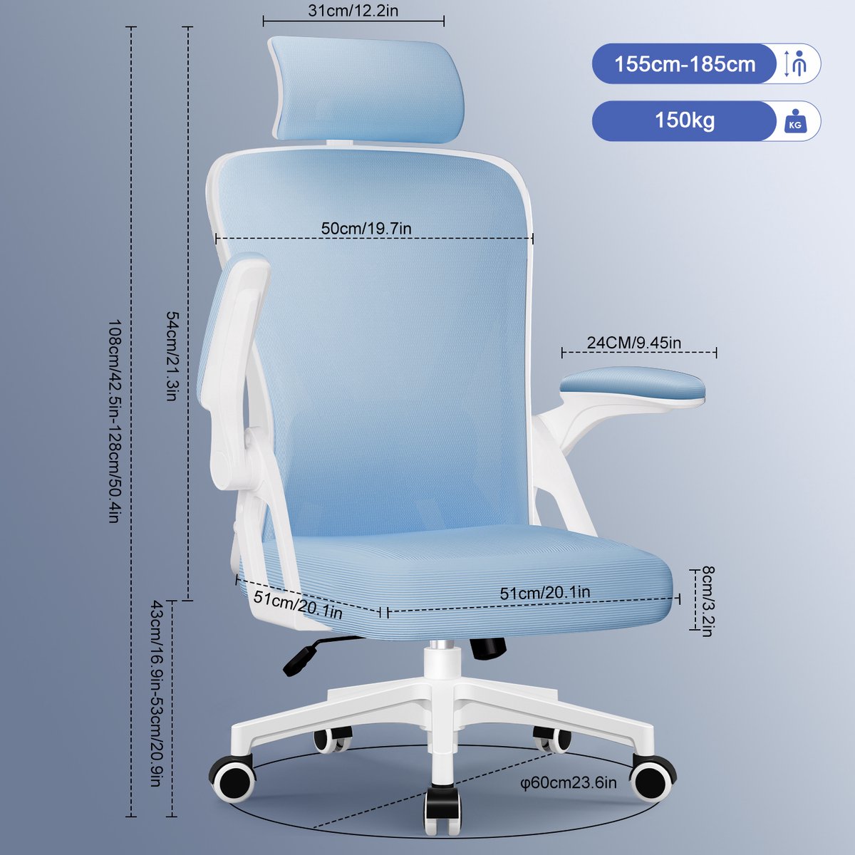 Hiaonyx bureaustoel-ergonomische bureaustoel-bureaustoelen voor volwassenenOpklapbare armleuningen-2D lendensteun-Maximale kanteling 135°-Blauw thumbnail 6
