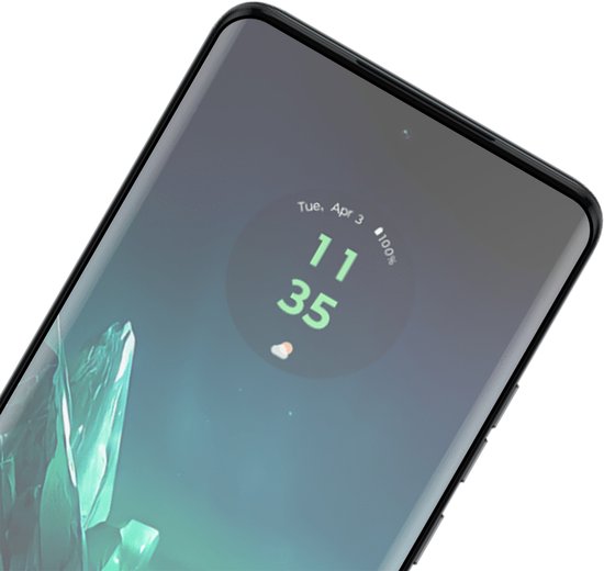 Schermdetail van Motorola Edge 40 Neo, met blauwgroene grafische wallpaper.