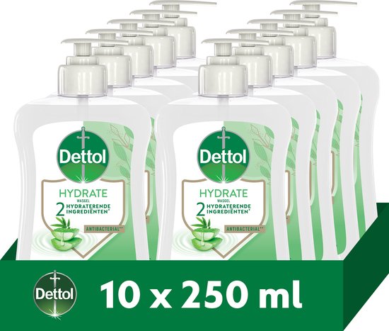 Voordeelverpakking van 10 Dettol Hydrate handzeep flacons van 250 ml elk.