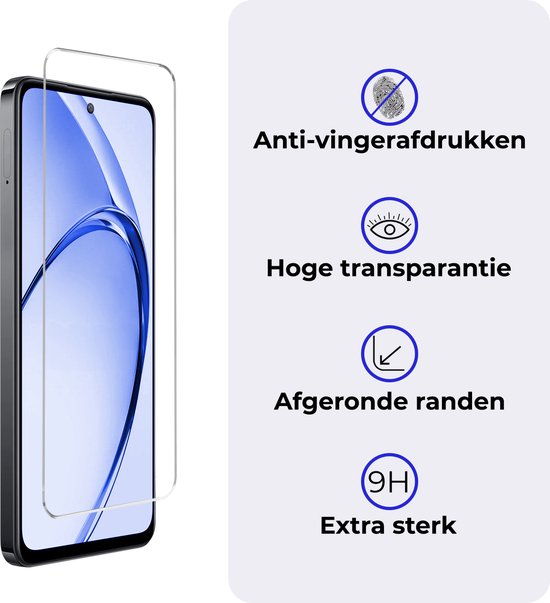 Transparante displaybeschermer op een telefoon, met pictogrammen en teksten over anti-vingerafdruk, transparantie en randen.