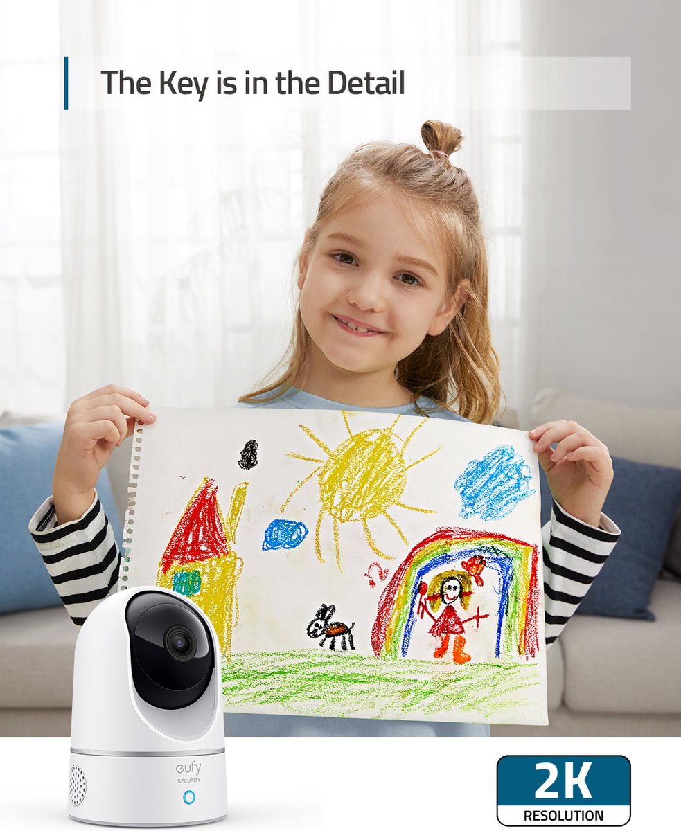 Afbeelding 3 van eufy Security Binnencamera 2K Pan & Tilt - Indoor Cam - Huisdiercamera - Petcam ; 2K-resolutie - Panoramische en kantelfunctie - Nachtzicht - Bewegings- en geluidsdetectie - Tweerichtingsaudio - Compatibel met Amazon Alexa en Google Assistant
