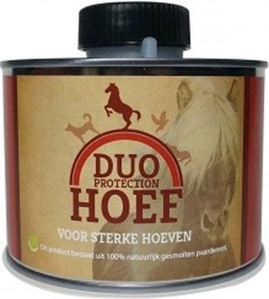 Een blikje hoefproduct van Duo Protection met tekst "Voor sterke hoeven".