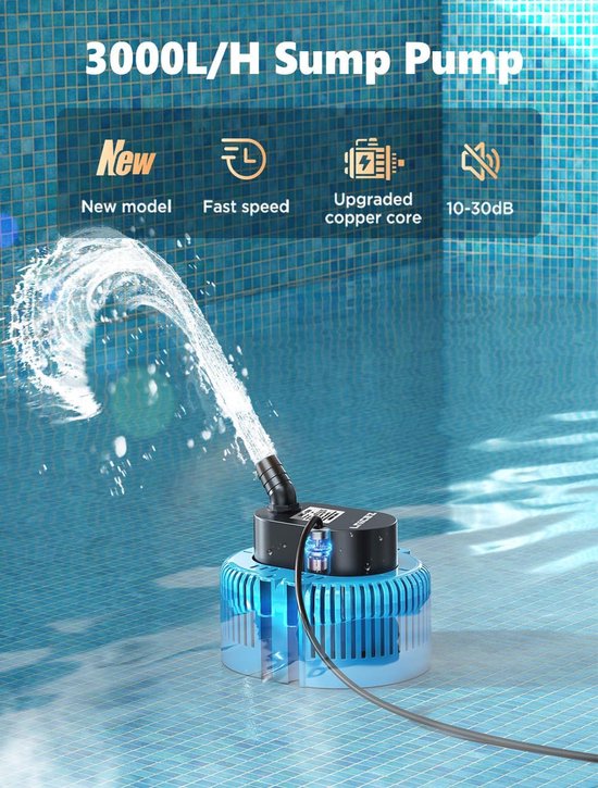 Pompe à eau sale 75W - Pompe submersible pour drainage avec tuyau de 5 m et cordon d'alimentation de 7,5 m, Max. Tête 3,2 m