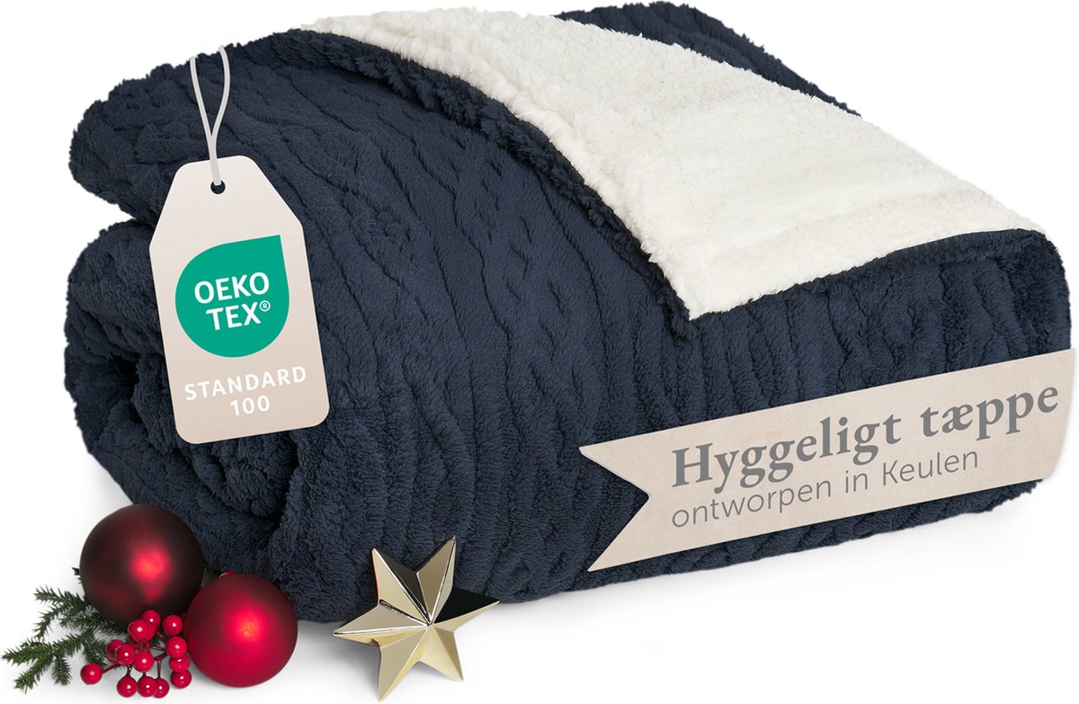 Blumtal Fleece Deken - Kabelgebreide look - 130x150 cm - Oeko-TEX gecertificeerd - Microvezel Fleece Deken - Zachte Sherpa Binnenkant - Donkerblauw en Ivoor