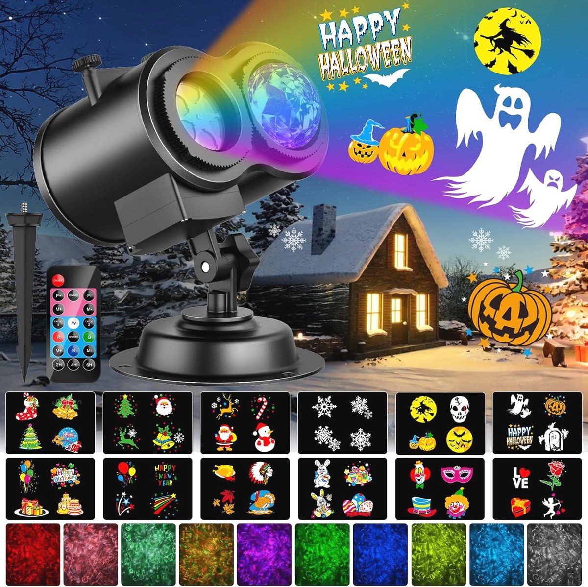 Projectorverlichting voor Kerstmis en Halloween - Waterdicht, Met Afstandsbediening, 12 Folies en 10 Kleuren