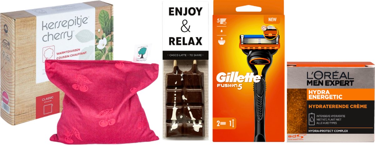 Goedkoopste Gillette Cadeauset Warme Kerst Chocolade & Warmtekussen Fushion 5 & Men Expert - Men Expert Hydraterende creme 50ml - Gillette Fusion5 Apparaat 2mesjes - Kersepittje Warmtekussen Classic 27x27cm