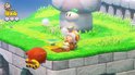 Groen gras met stenen muren en een Toad-personage dat aan een schattige paddenstoel lijkt te denken.