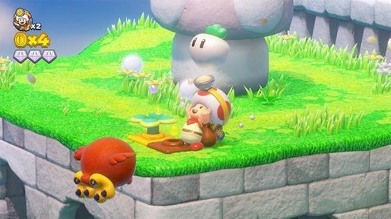 Groen gras met stenen muren en een Toad-personage dat aan een schattige paddenstoel lijkt te denken.