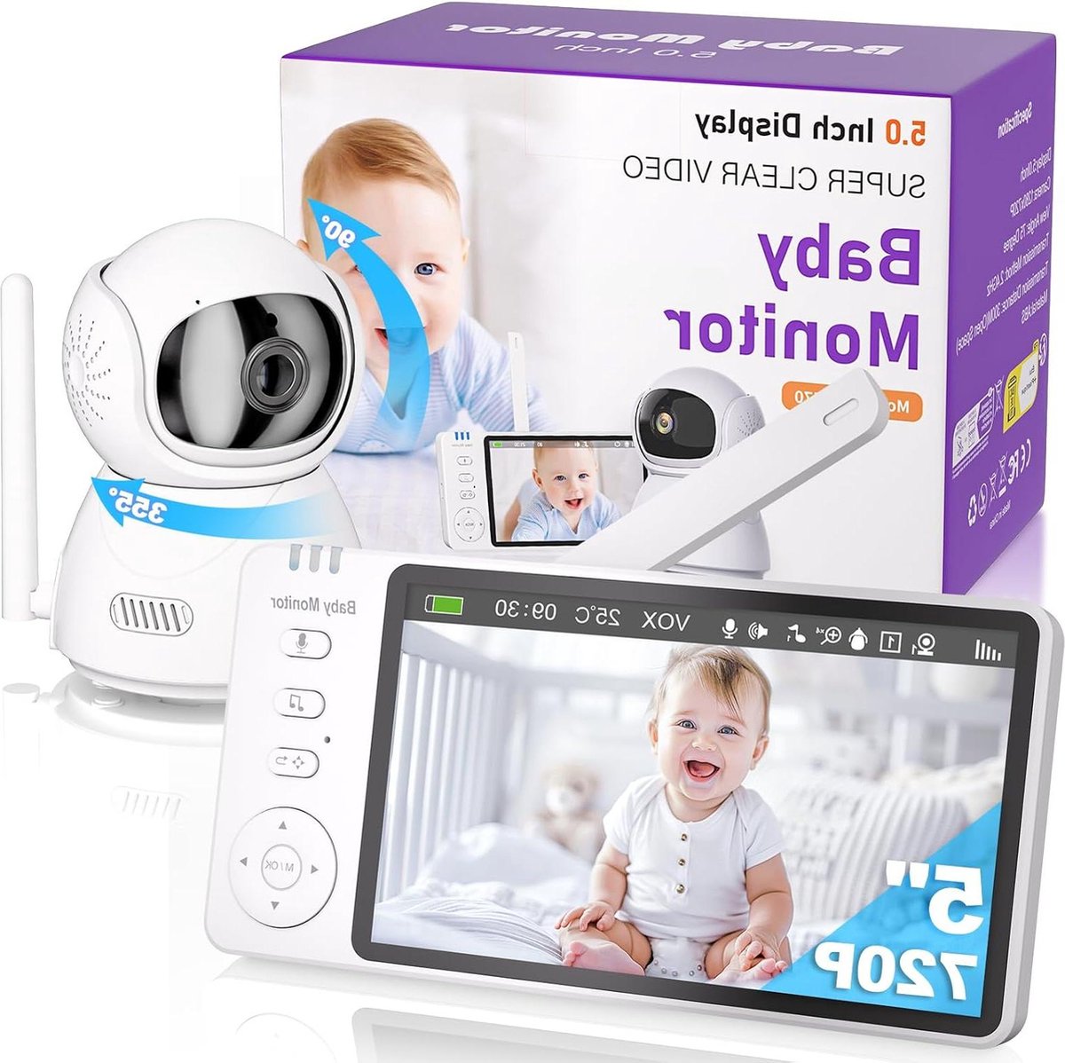 Walkie Talkie HD Camera Draadloze Babyfoon met Zoom 360° PTZ Nachtzicht VOX 8 Slaapliedjes 5 Alarmen