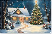 Tuinposter 120x80 cm - Tuindecoratie Kerst - Kerstboom - Winter - Huis - Sneeuw - Poster voor in de tuin - Buiten decoratie - Schutting tuinschilderij - Tuindoek muurdecoratie - Wanddecoratie balkondoek - Kerstversiering - Kerstdecoratie