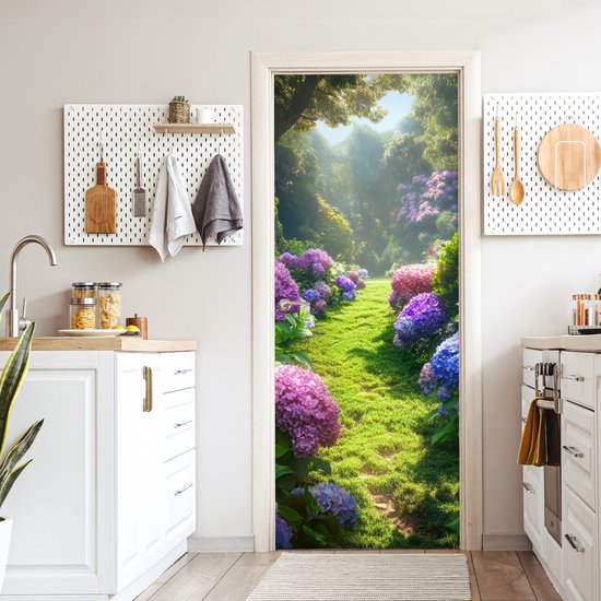 Deurposter 80x205 cm - Deursticker Natuur - Hortensia - Bloemen - Groen - Meubelfolie zelfklevend - Deurfolie woonkamer - Interieurfolie fotobehang - Deur plakfolie - Deurstickers - Deurbehang sticker - Kamer decoratie