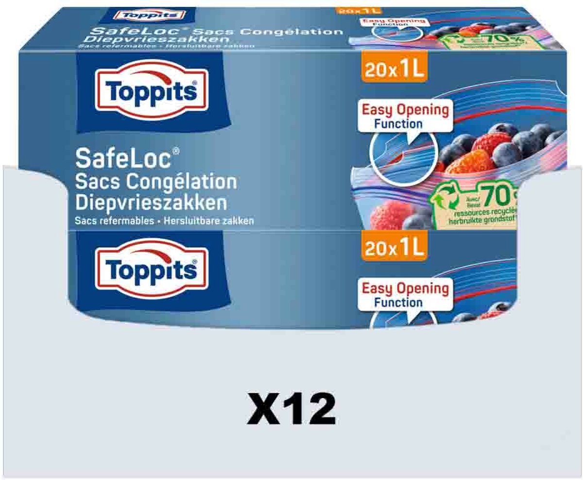 Toppits Safeloc Zip-Diepvrieszakken 1 liter - 12 x 20 stuks - Voordeelverpakking