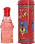 Versace Red Jeans Woman eau de toilette flesje met rode dop, naast de rode metalen verpakking.