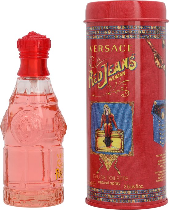 Versace Red Jeans Woman eau de toilette flesje met rode dop, naast de rode metalen verpakking.