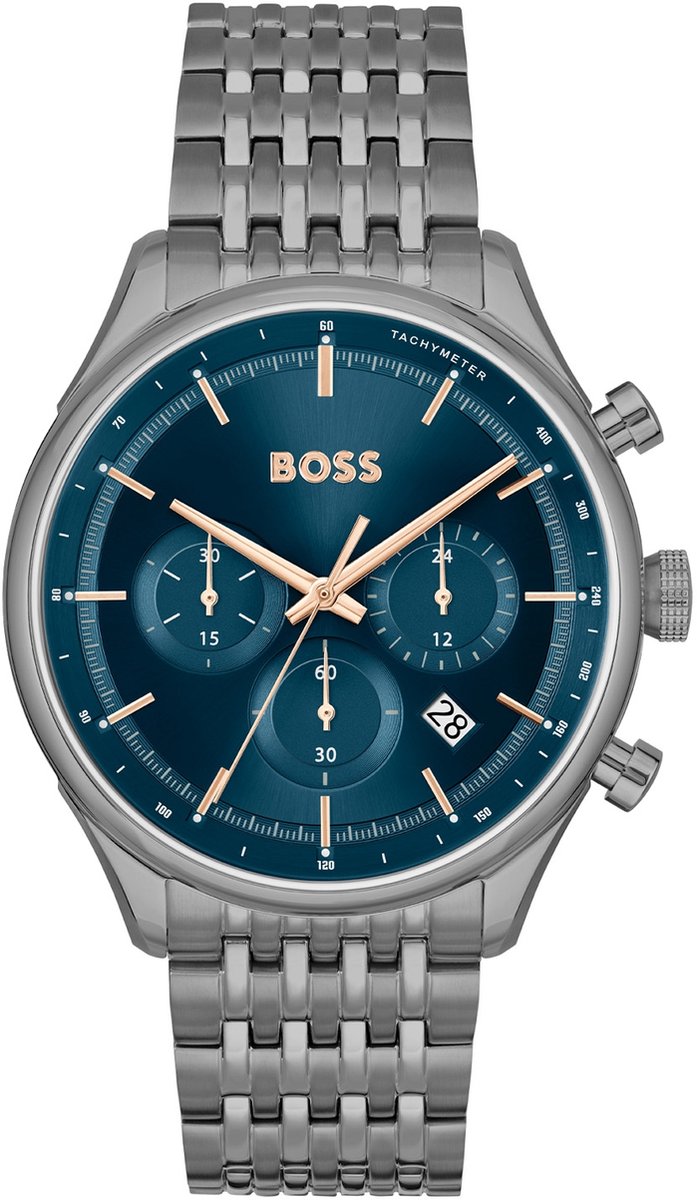 BOSS HB1514083 GREGOR Heren Horloge - Mineraalglas - Staal - Grijs - 45 mm breed - Quartz - Vouw-Vlindersluiting - 5 ATM (douchen)