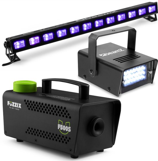 Halloween lichteffect set met grote stroboscoop, Blacklight LED bar en S500 Rookmachine