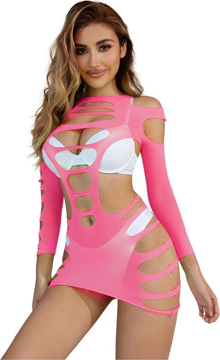 SUBBLIME - 952273 LANGE MOUW ELASTISCHE VISNET BODYSTOCKING ROZE ÉÉN MAAT | LINGERIE | EROTISCHE BODY | EROTISCHE LINGERIE