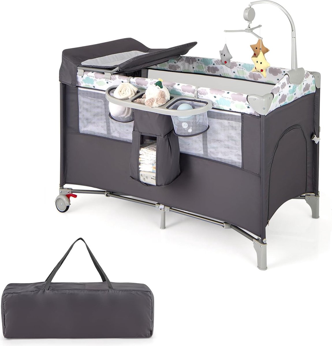 Image of 5-in-1 opvouwbare zijwieg, reiswieg met matras, babybed met 2 niveaus met wielen, speelboog en verschoningsmat, wieg met draagtas voor baby tot 3 jaar (grijs
