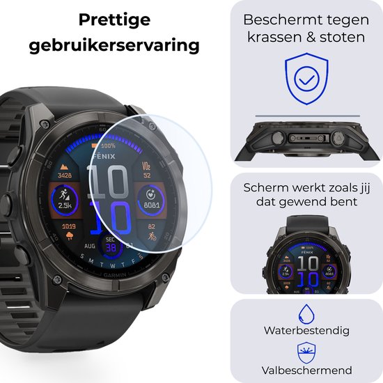 Schermprotector voor Garmin Fenix 8, beschermt tegen krassen en stoten, waterbestendig en valbeschermend.
