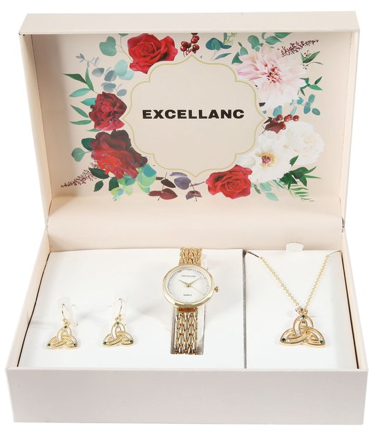 Excellanc dameshorloge geschenkset goudkleurig cadeauset horloge, ketting, oorbellen