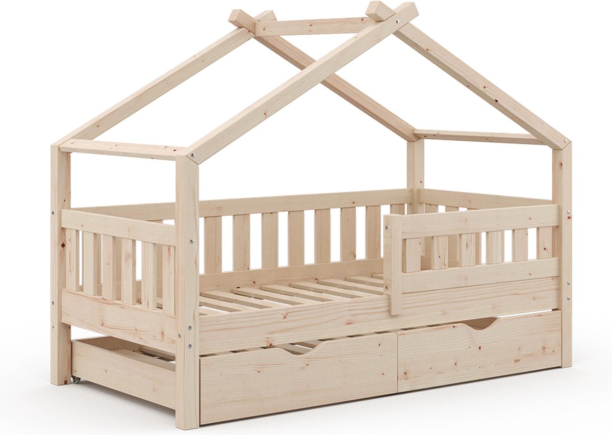 vitalispa Design Huisbed – 80x160 cm met logeerbed Natuurlijk hout