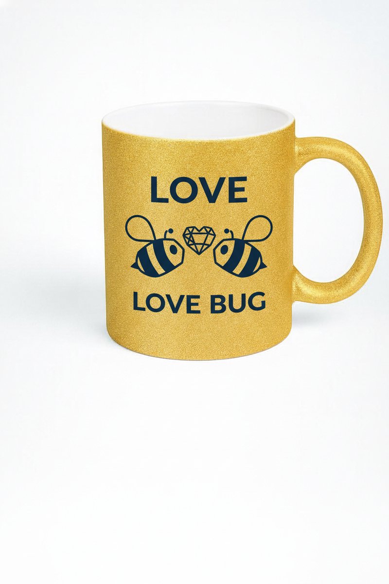 Gouden Glitter Mok "Love Bug" met Bijen & Diamant Hart - Uniek Liefdes Mok Cadeau
