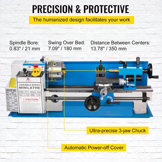 Blauwe minidraaibank met labels die specificaties tonen zoals 'Spindelboord: 0.83" / 21 mm' en 'Variabele snelheid'.
