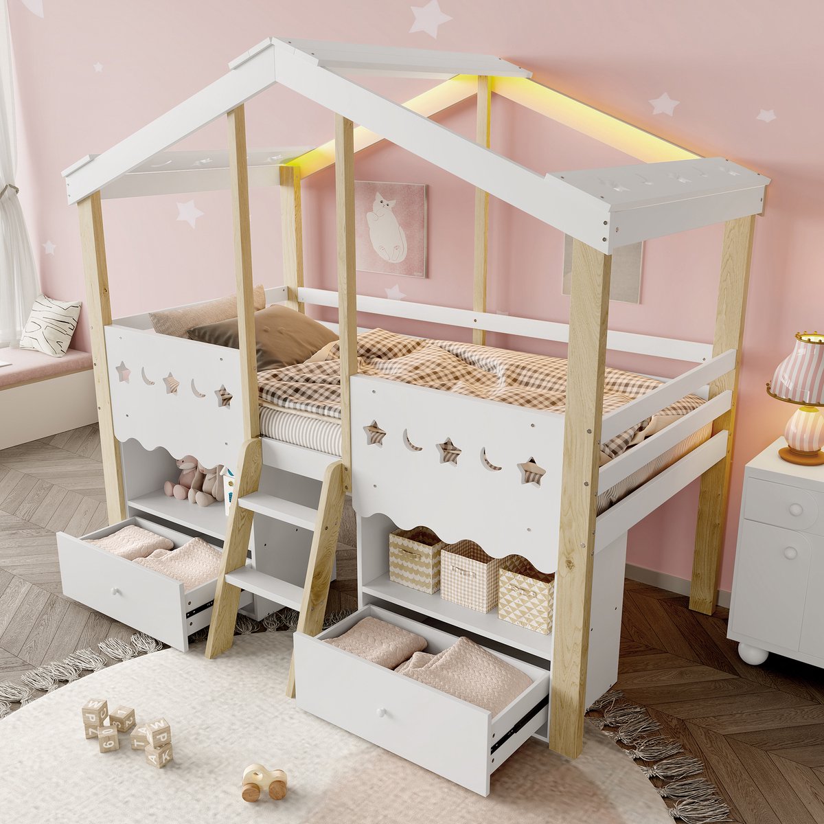 OKWISH Halfhoog Bed 90x200 Cm – Huisvorm Kinderhoogslaper Met Led Lichtstrip En App Bediening – Met 2 Lades En Opbergrekken – Zonder Matras – Grenen – Wit En Naturel Houtkleur