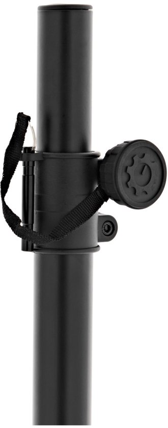 Detailopname van de zwarte, verstelbare klem met veiligheidsspeld en draaiknop op een G4M speakerstatief.
