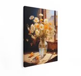 Artaza Canvas Schilderij Bloemen Stilleven - 60x80 cm - Wanddecoratie Margrieten In Vaas - Muurdecoratie Landelijk - Decoratie Woonkamer