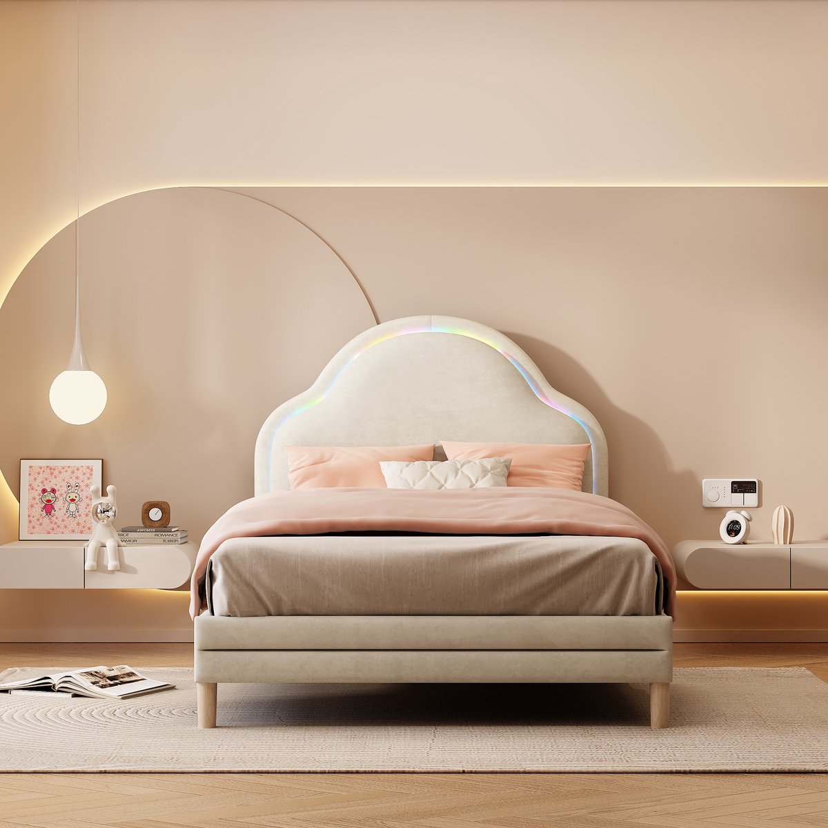 REDOM Bedframe 90x200 cm van fluweel – Met wolkenhoofdbord, LED-lichtstrip en 14 houten latten – Beige