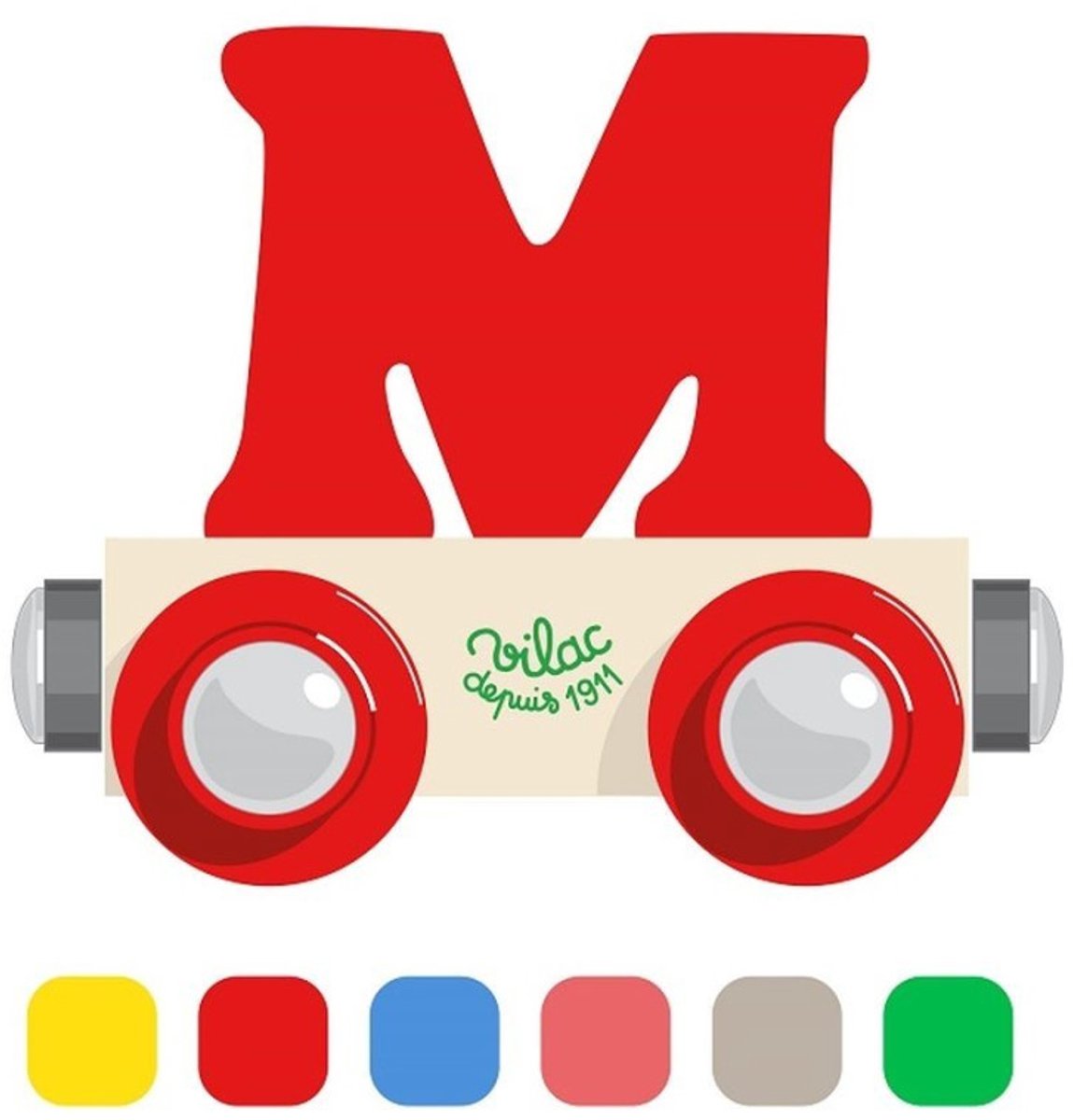 Vilac houten treinwagon letter M - kleurrijk speelgoedtrein accessoire.