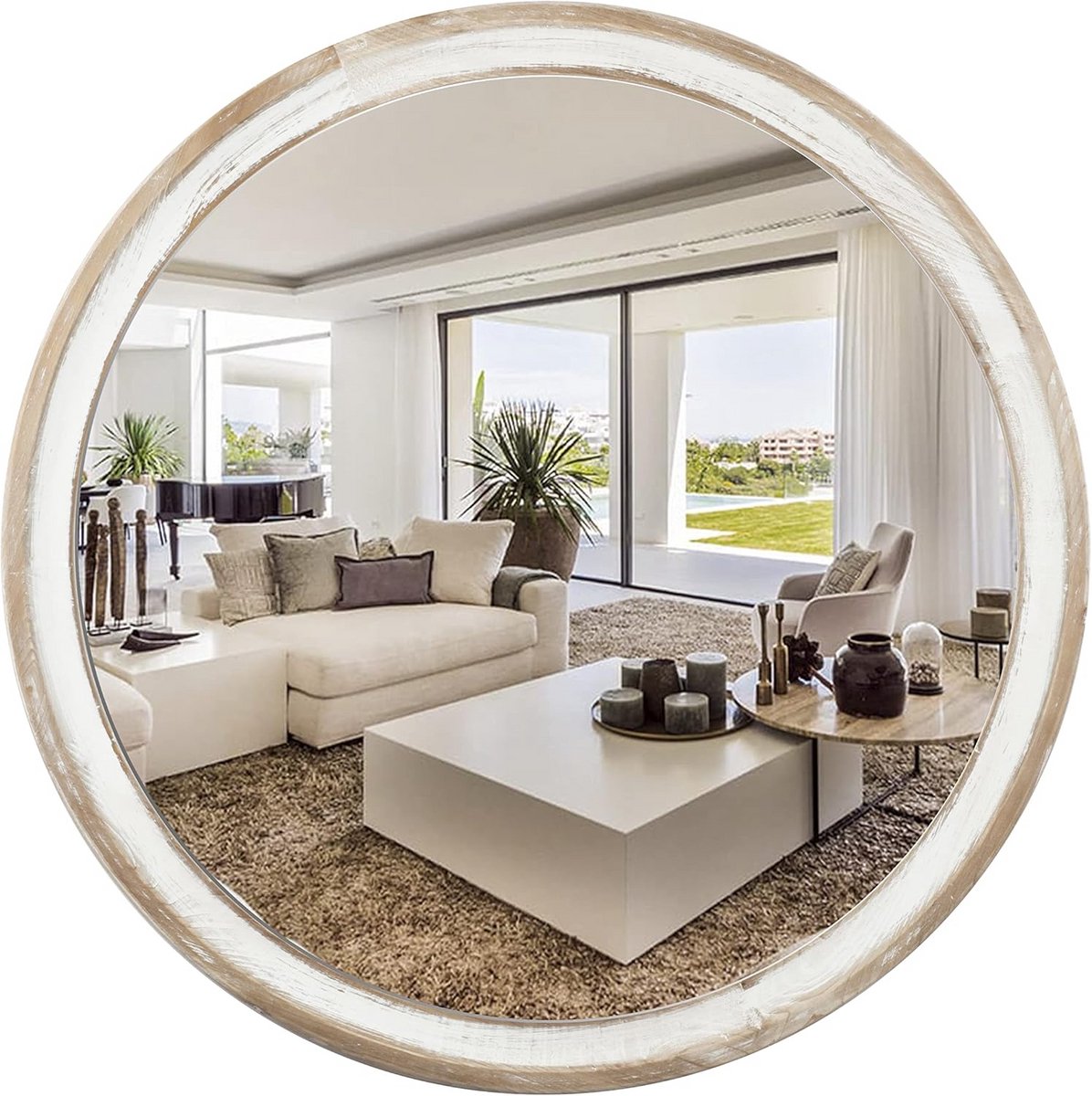 Ronde Houten Wandspiegel 60 cm – Rustiek Landhuis Design voor Woonkamer en Badkamer